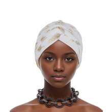1PC Fashionable Versatile Feather Metallic Gold Print India-Style Head Wrap Turban, Cancer Chemo Hat For Hair Coverage