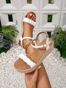 女式白色绳编褶饰休闲厚底波西米亚度假风复古厚底坡跟高跟凉鞋帆布草编踝带凉鞋，春夏季