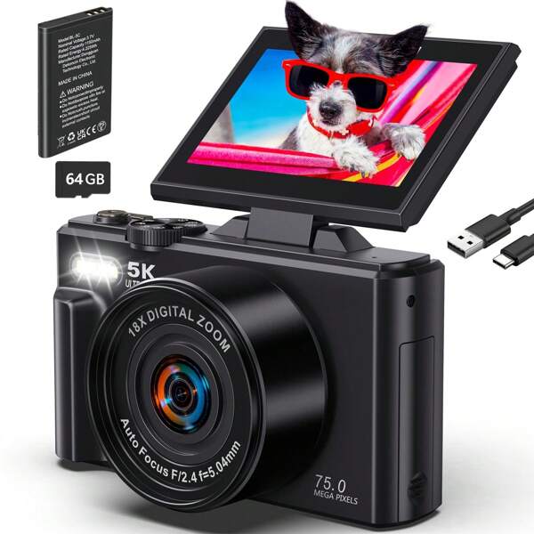 5K Digital Camera, 75MP Auto Focus Vlogging Camera, 3" 180° Flip Screen Compact Travel Camera, 18x Digital Zoom, Image Stabilization, 1 Battery And 32GB TF Card + Card Reader And Adapter, Black