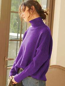 Knit Mix 女士高领宽松针织毛衣，适合秋冬季节，加厚长袖套头衫，复古风格，时尚百搭，适合圣诞节、新年、情人节、开学季等场合。 - 紫色 - 查看 7