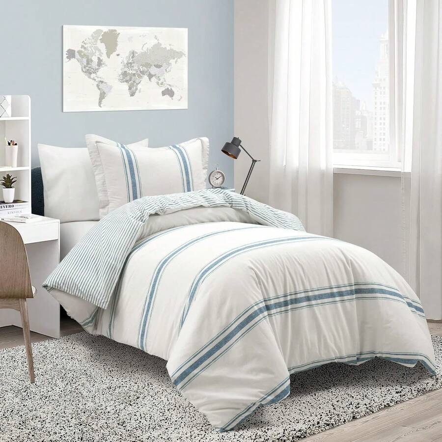 Farmhouse Stripe Reversible Cotton Duvet Cover Set, 2 Piece Set, Twin XL, Navy - Twin Bedding Set - Dorm Decor - Striped Duvet Cover For Kids Or Teens - Farmhouse Bedroom Decor - 藍色 - 查看 1