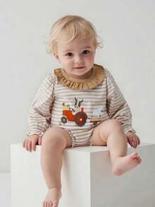 Baby Girl Fall Bubble Romper Stripe Print Strawberry Embroidery Long Sleeve Ruffled Round Neck Jumpsuit - Orange - View 3