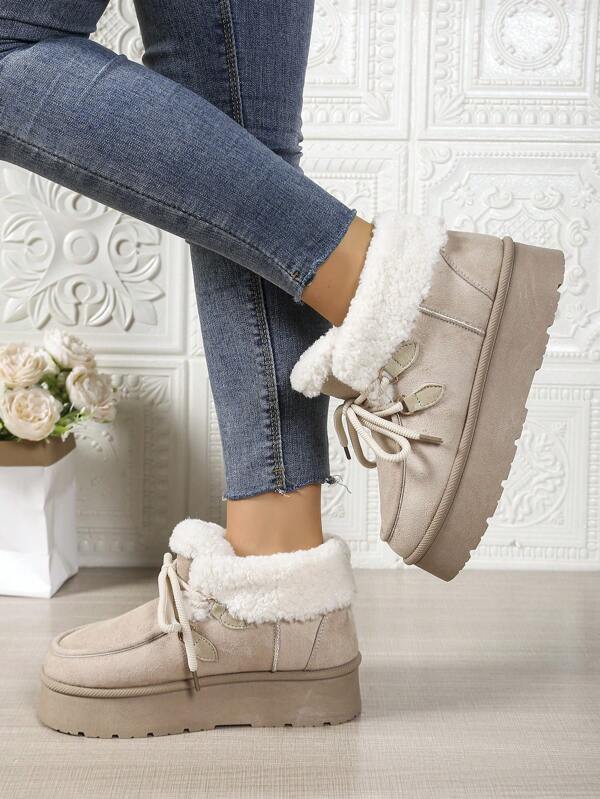 New Preppy Style Collar Solid Color Lace-Up Warm Snow Ankle Boots, Suitable For Holidays And Outdoor Activities In Winter