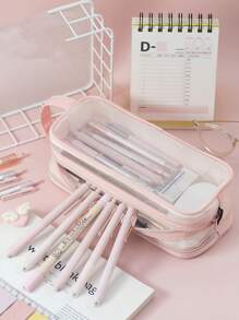Trousse à crayon de type maille transparente à 2 compartiments, sac de rangement pour maquillage et cosmétiques avec grille et poignée, organisateur transparent pour marqueurs, pour bureau, voyages, étudiant, rentrée scolaire, trousse à crayons, sac scolaire
