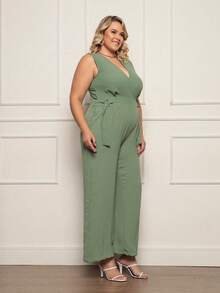 FASHION MIX PREMIUM Elegant Long Jumpsuit Tailored With Detail At The Waist And V-Neckline Plus Size Women's Fits 46 To 50 - 淡綠色 - 查看 6