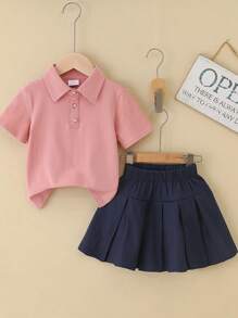 2pcs/Set Girls Pink POLO Shirt And Pleated Skirt Outfit, Suitable For Summer