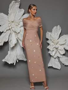 Off Shoulder Handmade Beaded Bodycon Bandage Dress, Sexy & Fitted, Suitable For Family Gatherings, Parties, Formal Events - Apricot - View 6