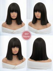 1-Piece Synthetic Heat Resistant Straight Hair Bangs Wig Black Oak 14 Inches Full Machine Weave Daily Natural Realistic Wig