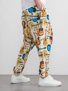 Pantalones harem sueltos de moda con gráfico de guitarra para hombres, uso casual diario, estilo hip hop y rock