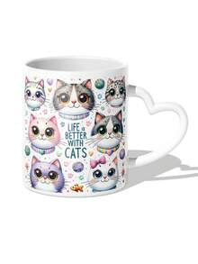 1 xícara de café de cerâmica de 11 oz - lavável apenas à mão, sem bisfenol A, isolada, reutilizável, xícara de café com estampa de gato fofo, adequada para vários usos - presente perfeito para entusiastas de gatos no Natal, Ação de Graças, Dia dos Namorados, Dia dos Pais e Dia das Mães