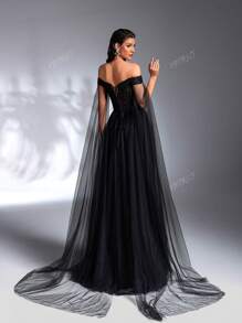 IBTRLY Elegant Black Off Shoulder V-Neck Mesh Full-Dress Formal Party Evening Dress