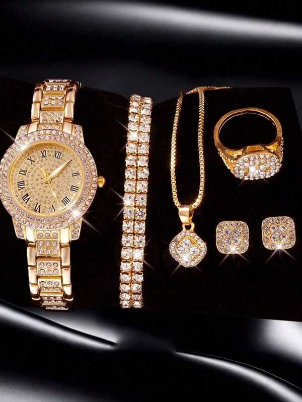 1 Women's Water-Set Rhinestone English Watch, Simple Casual Fashion Watch + 6 Pieces Set Of Square Accessories Bracelet, Necklace, Ring And Earrings