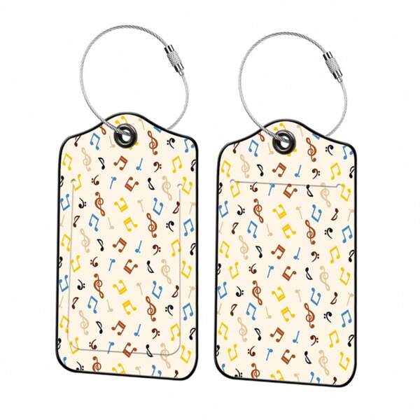 Conjunto de 2 etiquetas de bagagem com design de notas musicais coloridas, etiqueta de identificação de mala em material PU, cor viva, pode escrever informações pessoais, adequada para bagagem, mochila, bolsa ou pacote grande, decoração personalizada