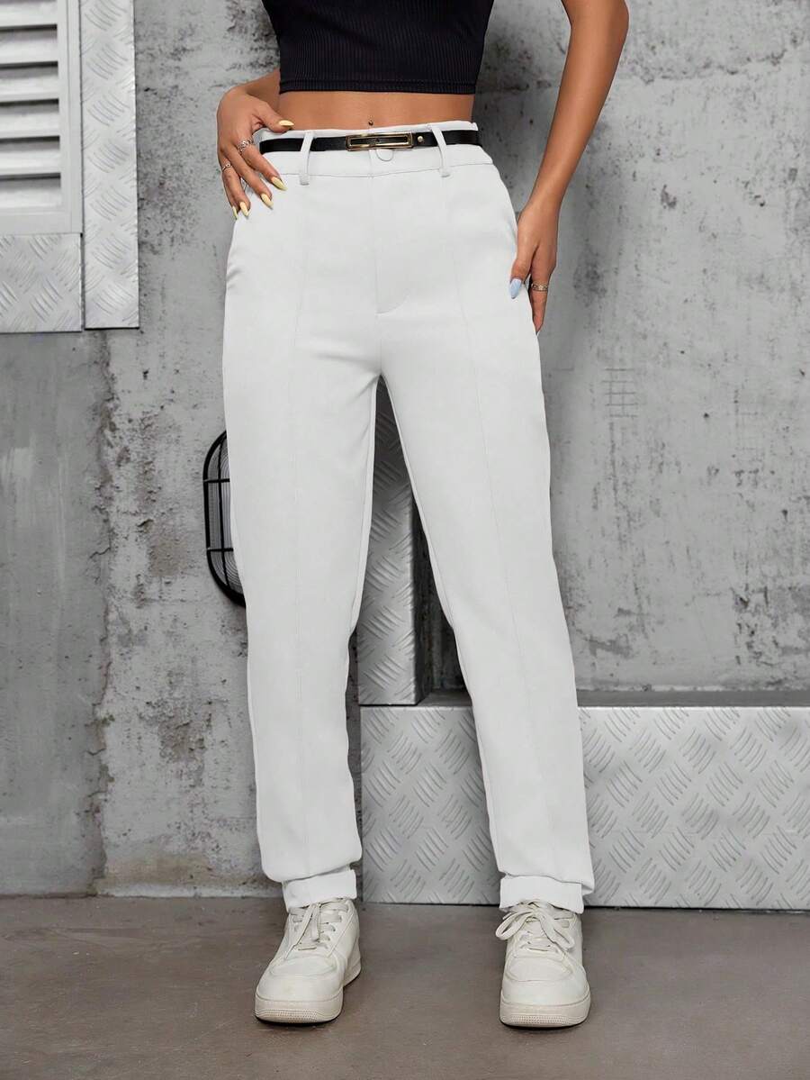 A&DD MODA, REF: 508 Women's High-Waisted Formal Pants With Belt, Elegant, Modern, Casual, Tailored Wide-Leg Trousers, Side Pockets, Flare, Wide Leg, Sophisticated Look, Structured Crepe Fabric, Premium Twill Jeans, Comfy, Versatile Style, Casual Chic, For Work And Events ✨ - 白色的 - 查看 1