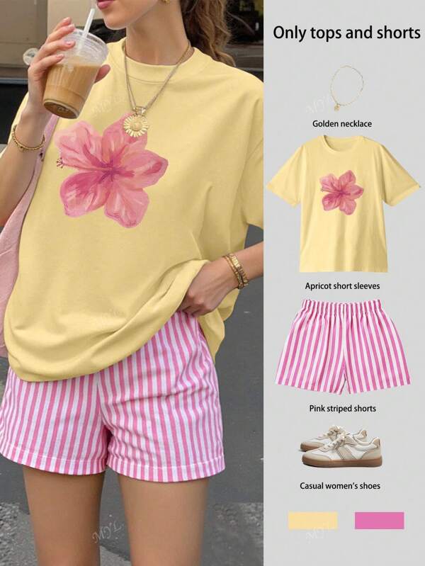 Conjunto de verano de dos piezas para mujer con top oversize de manga corta con estampado floral y pantalones cortos a rayas. Ropa de ocio y verano para vacaciones en la playa.