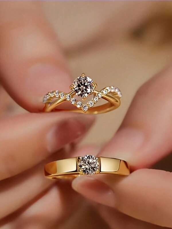 Elegante Conjunto de 2 Anéis Abertos Prateado Brilhante Dourado Ajustável, Alianças Perfeitas para Uso Diário ou Festas de Casais
