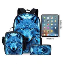 Wolf Pattern Printed Backpack Three Pieces Set (Single-Layer Backpack + Shoulder Strap Lunch Bag + Single-Layer Pencil Bag) Bag For School College - Black - View 7