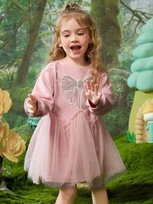 ASK JUNIOR Young Girls' Mesh Patchwork Princess Dress, Girls Round Neck Long Sleeve Mid-Length Dress