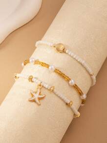 3 Stücke/Set Boho-Stil Seestern Muschel Hirse Perlen Knöchelkette Set
