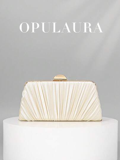 OpulAura Vintage Elegant Satin Clutch Bag, Fashion Pleated Formal Evening Dress Bag, Charming & Exquisite Formal Party Handbag, Luxury Box Small Purse, Suitable For Party/Wedding/Formal Occasion, With Chain For Shoulder/Crossbody Wear, Clutch Bag For Wedding