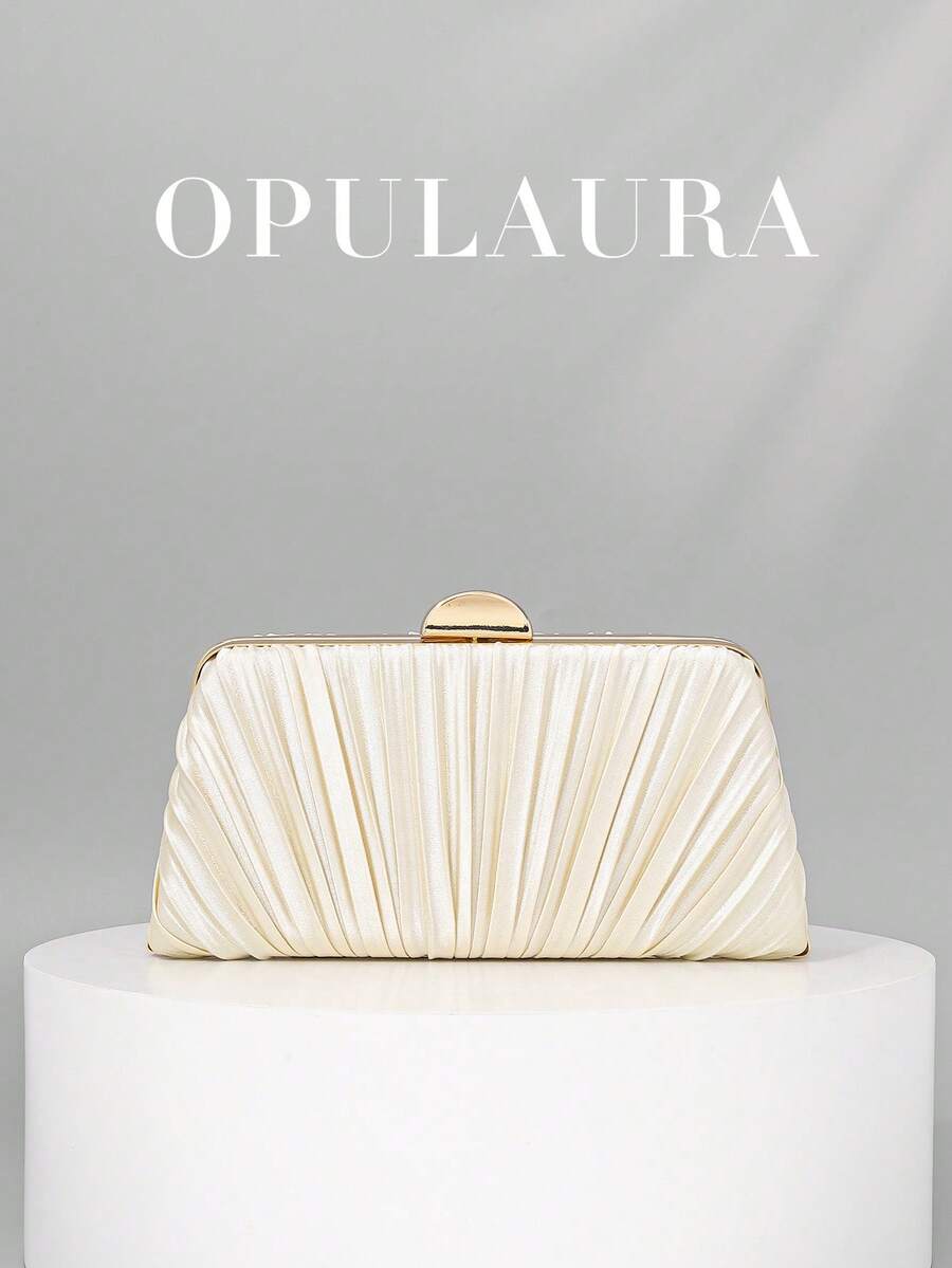 OpulAura 复古优雅缎面手拿包，时尚褶皱正式晚礼服包，迷人精致的正式派对手提包，豪华盒子小钱包，适合派对/婚礼/正式场合，带链条可肩背/斜挎 - 杏色 - 查看 1