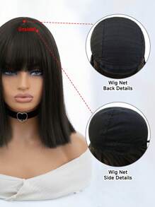 1-Piece Synthetic Heat Resistant Straight Hair Bangs Wig Black Oak 14 Inches Full Machine Weave Daily Natural Realistic Wig