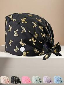 1 件女士涤纶箔蝴蝶印花工作帽/护士帽，抗菌防尘，可调节弹性后带，吸汗带衬里，口罩绳钩，适合医生、护士、美容师、兽医和清洁/家政服务
