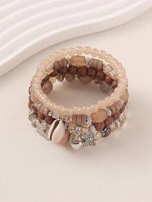 4 件波西米亚风格度假时尚玻璃珠、木珠、贝壳吊坠手链套装，女士休闲百搭串珠手链