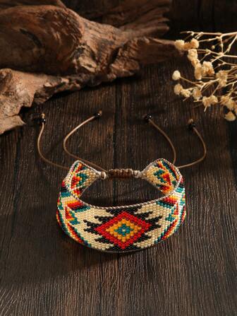 手工串珠编织手链，波西米亚风格手链，带有复古米色、红色和黑色点缀，时尚女士手链，个性化手链，超大手链，适合日常、节日、派对和礼物