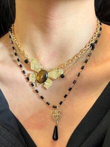 1pc Stylish, Exquisite, Elegant, Luxurious, Versatile, Unique, Shiny Butterfly & Heart Layered Pendant Necklace, For Women, Daily, Party, Commute, Holiday, Festival