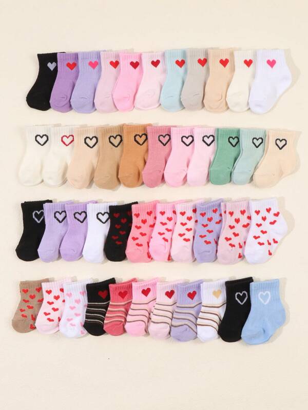 10 Pairs Baby Assorted Solid Color & Heart Pattern Mid-Calf Socks