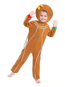 Kids Gingerbread Man Hat And Jumpsuit Two Pieces Set Stage And Festival Performance Costumes For Girls