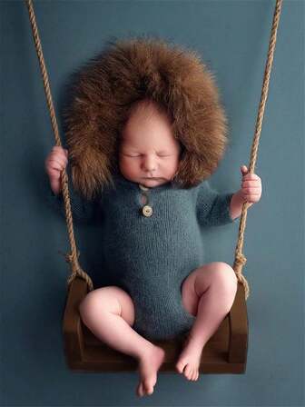 Newborn Photography Props Wood Swing Chair, Vintage Coffee Color Photo Accessories