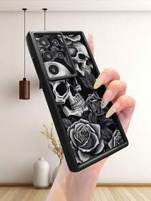 万圣节手机壳骷髅 1 件奢华哑光黑烟骷髅设计防震手机壳带细孔镜头保护，兼容 Apple/Redmi/Infinix/Vivo 防水防摔防刮 - 黑色 - 查看 7