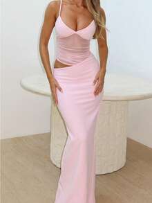 Women's Summer Lace Bodycon Tank Maxi Dress Spaghetti Strap Sleeveless Mesh Long Wedding Guest Long Dresses - 粉色 - 查看 1