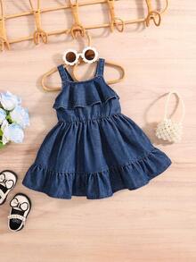 Vestido vaquero casual con volantes y parches, con tirantes ajustables, para bebé y niñas pequeñas, nueva llegada de verano - Azul lavado oscuro - Ver 1