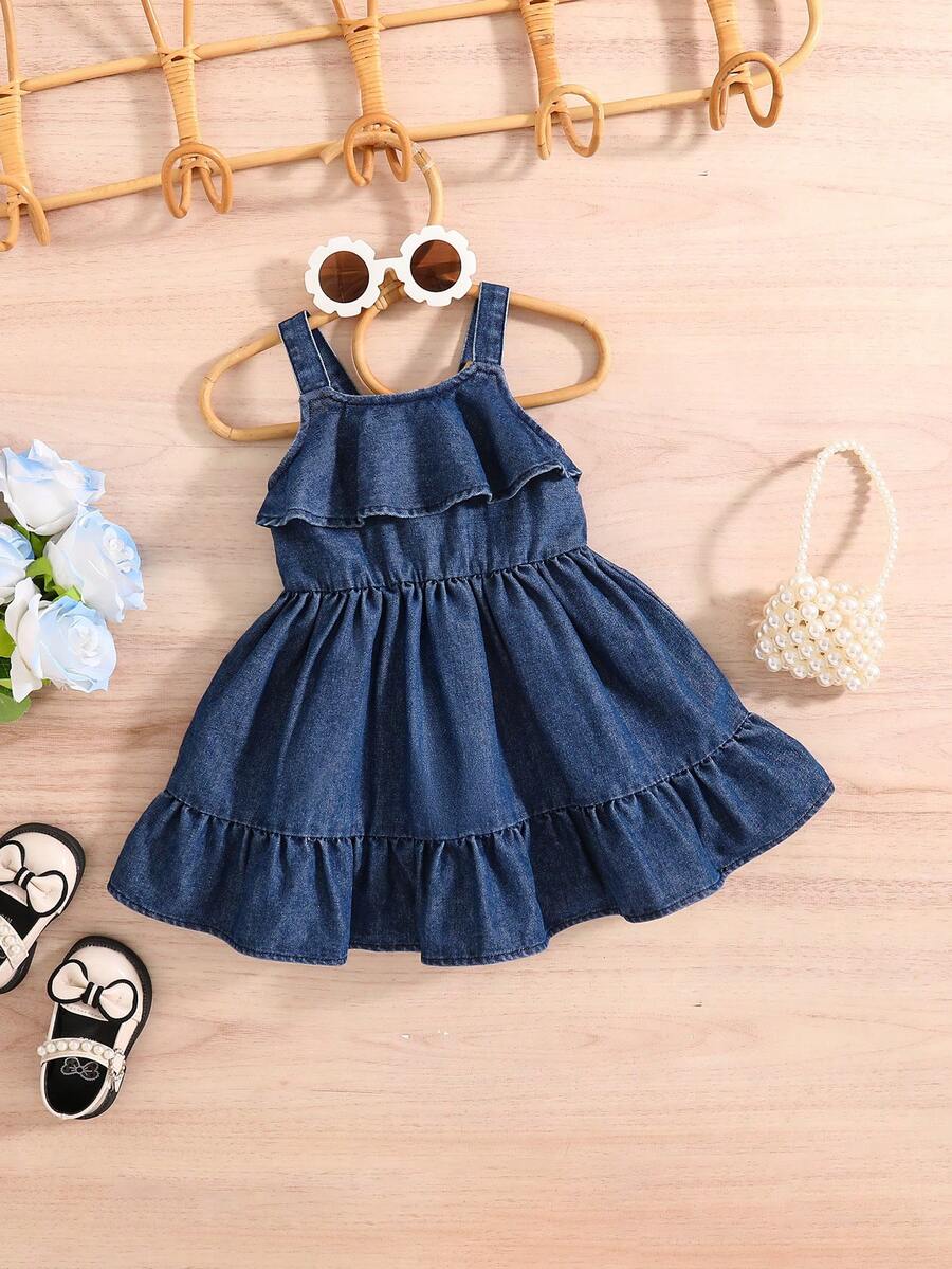 Vestido vaquero casual con volantes y parches, con tirantes ajustables, para bebé y niñas pequeñas, nueva llegada de verano - Azul lavado oscuro - Ver 1