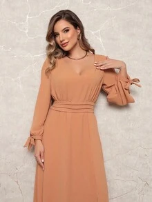 FASHION MIX PREMIUM Elegant Long Dress With Slit Long Sleeves With Tie With V-Neckline And Waist Adjustment Plus Size Women's Fits 38 To 44 - Lạc đà - Xem 7