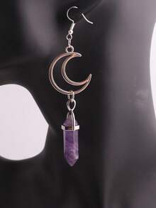 1 对波西米亚日月不对称六边形水晶紫色石紫水晶六角柱长耳环治愈能量诞生石吊坠钩耳环巫术哥特式饰品配饰女士情侣礼物