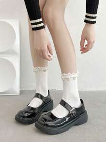 1/2 par de calcetines hasta la rodilla de estilo elegante con encaje y perlas, de color blanco y negro, para mujeres en verano, de moda versátil