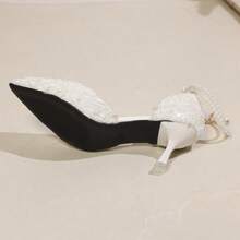 Elegant Pearl Chain Decor Pointed Toe Stiletto Heels, French Romantic Lace Upper Fashionable Women's High Heel Sandals