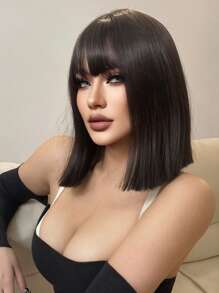 1-Piece Synthetic Heat Resistant Straight Hair Bangs Wig Black Oak 14 Inches Full Machine Weave Daily Natural Realistic Wig