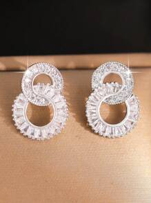 1 Conjunto/3 Peças Elegante Conjunto de Joias Geométricas Brancas Redondas com Pingente de Número Cúbico de Zircônia, Brincos e Colar para Mulheres, Presente de Noivado, Casamento e Festa