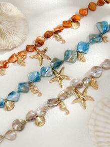 1 Peça Colar de Estilo Boêmio com Pingentes Metálicos de Estrela-do-mar, Tartaruga Marinha, Concha, Cavalo-marinho, Colar Gargantilha com Contas de Concha Natural Irregular, Adequado para Uso Diário de Mulheres, Presente de Feriado, Decoração de Festa na Praia, Joia Encantadora