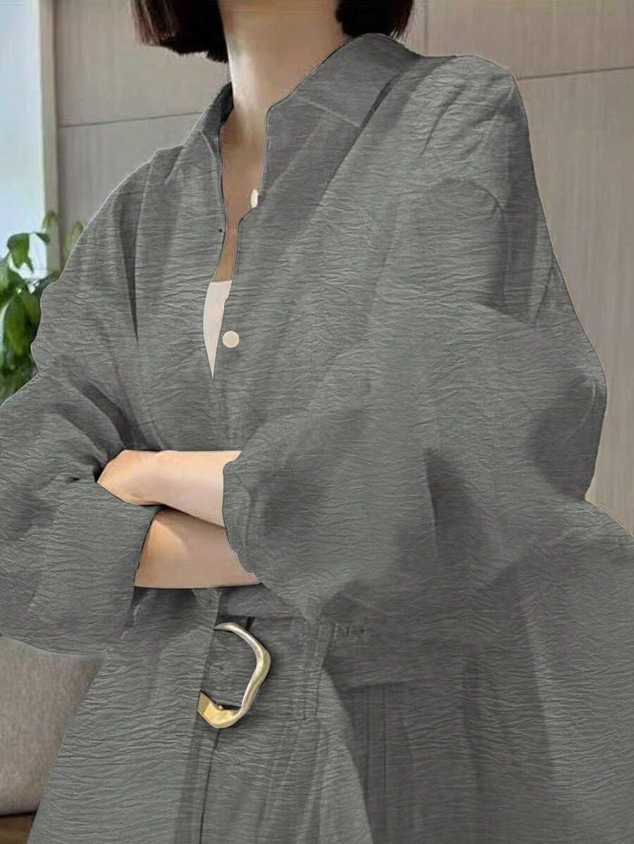 女款經典白色領長袖襯衫 - 灰色 - 查看 1