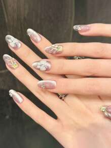 10pcs Purple Butterfly Summer Nail Art 3D Ice Flower Rhinestone Handmade Acrylic Press On Nails, Simple Cute Floral Decoration Short Oval Fake Nails, With Jelly Glue And Nail File, DIY Nail Art Supplies