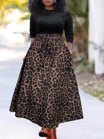 KeKe Wanli Jul Höst Ny Elegant Rosettknut Brun Leopardmönstrad Plus Size Maxiklänning, Blommig Modern Lyxig Mångsidig Fest Midja Cinching Dam Semesterkläder
