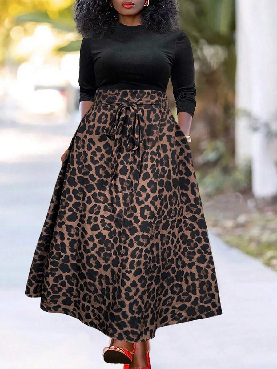 KeKe Bloomly Elegant Butterfly Knot Brown Leopard Print Plus Size Maxi Dress, Floral, Fashionable, Versatile, Waist Cinched, Party, Vacation Outfits For Women, Suitable For Summer, Valentine's Day - Multicolor - View 1