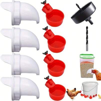 4 口自动喂鸡器，DIY 家禽喂食器套件包括 4 个插头和 1 个孔锯，耐候可重复使用的重力喂鸡器适用于桶、桶、盒子、食槽