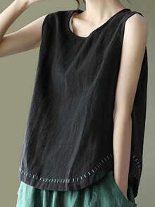Women's Tank Tops Summer Causal Versatile Solid Color Plus Size Loose Sleeveless Linen Shirt - Black - View 4